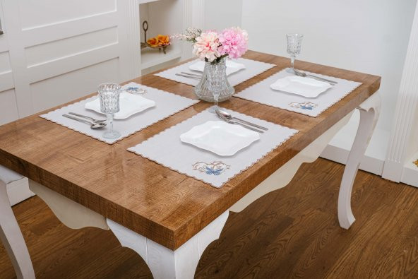 Finezza Dolce Nakışlı Keten Efekt Kumaş Krem Mavi A.Servis 34x45 cm 4 Ad -1397 - 2
