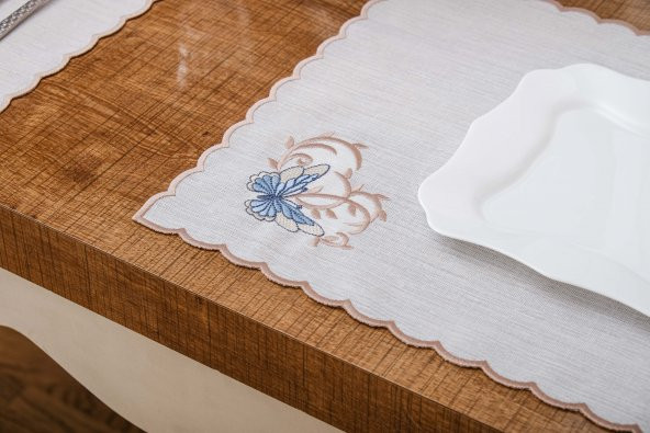Finezza Dolce Nakışlı Keten Efekt Kumaş Krem Mavi A.Servis 34x45 cm 4 Ad -1397 - 4