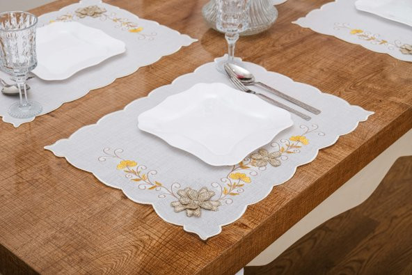 Finezza Linda Nakışlı Keten Efekt Kumaş Krem Sarı A.Servis 33,5x45 cm 4 Ad -1398 - 2