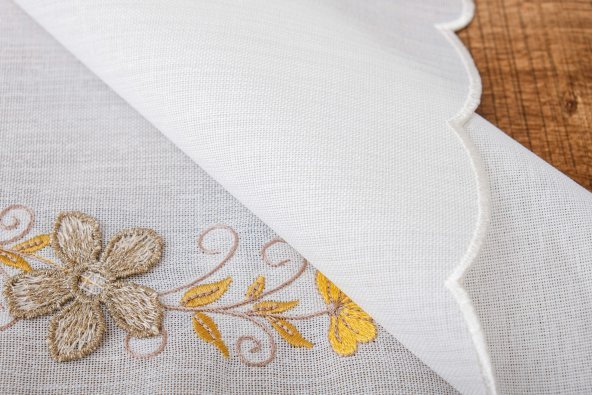 Finezza Linda Nakışlı Keten Efekt Kumaş Krem Sarı A.Servis 33,5x45 cm 4 Ad -1398 - 5