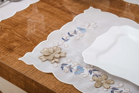 Finezza Linda Nakışlı Keten Efekt Kumaş Krem Mavi A.Servis 33x45 cm 4 Ad.-1400 - 3