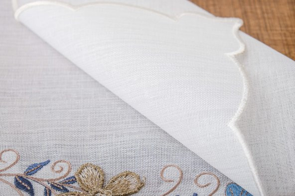 Finezza Linda Nakışlı Keten Efekt Kumaş Krem Mavi A.Servis 33x45 cm 4 Ad.-1400 - 5