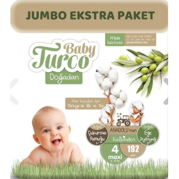 Baby Turco Doğadan Bebek Bezi 4 Numara Maxi Aylık Ekonomik Paket 192 Adet