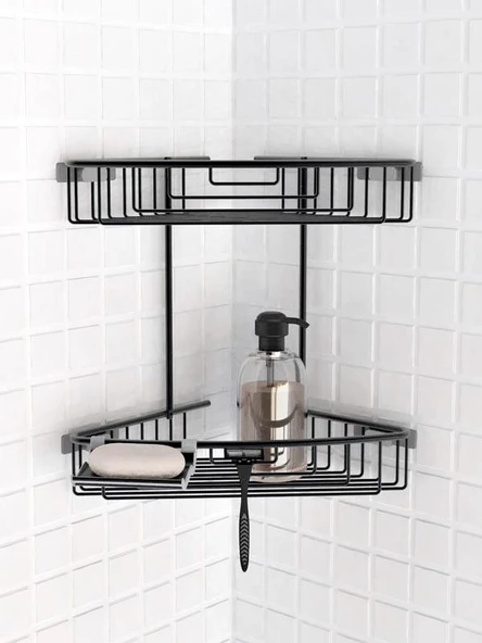 Primanova Alüminyum Banyo Köşe Rafı Şampuanlık Paslanmaz N31-06 Siyah - 2