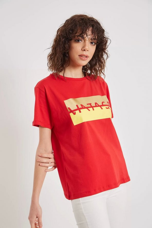 Kadın  Kırmızı Baskılı T-shirt - 2