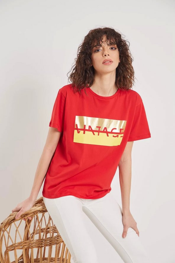 Kadın  Kırmızı Baskılı T-shirt - 3