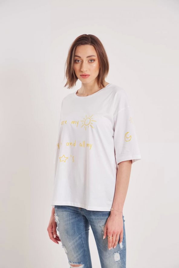 Kadın White Oversize Youre My Sun Yazı Baskılı T-shirt