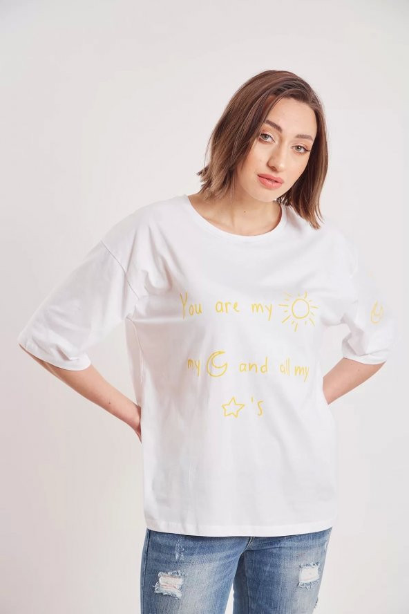 Kadın White Oversize Youre My Sun Yazı Baskılı T-shirt - 2