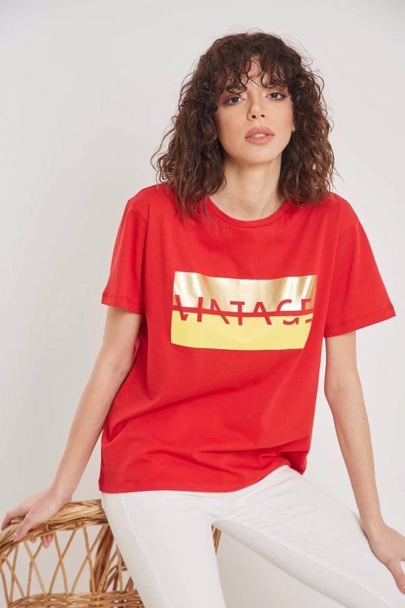 Kadın  Kırmızı Baskılı T-shirt - 4