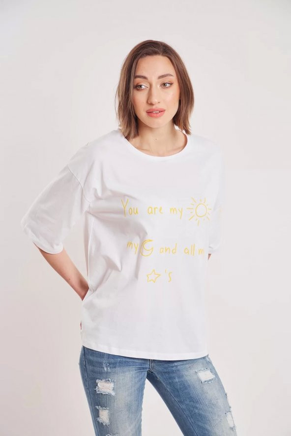 Kadın White Oversize Youre My Sun Yazı Baskılı T-shirt - 3