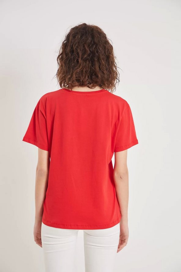 Kadın  Kırmızı Baskılı T-shirt - 5