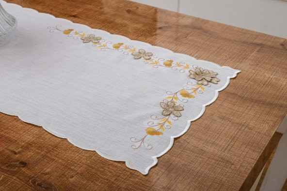 Finezza Linda Nakışlı Keten Efekt Kumaş Kreme Sarı Runner 45x150 cm - 1401 - Resim 3