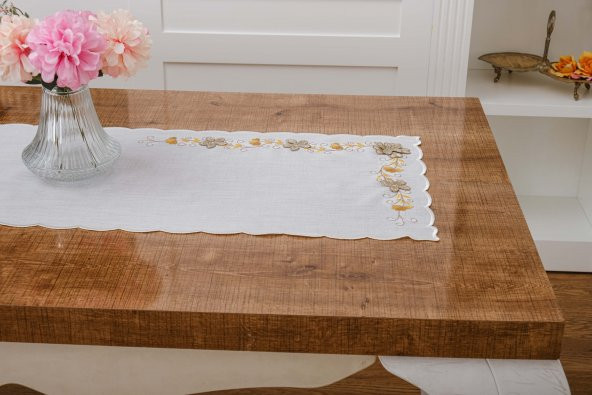 Finezza Linda Nakışlı Keten Efekt Kumaş Kreme Sarı Runner 45x150 cm - 1401 - Resim 4