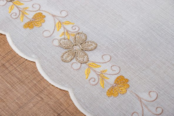 Finezza Linda Nakışlı Keten Efekt Kumaş Kreme Sarı Runner 45x150 cm - 1401 - Resim 6