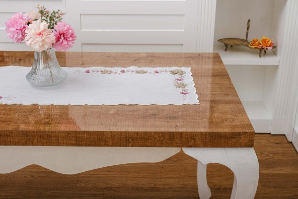 Finezza Linda Nakışlı Keten Efekt Kumaş Kreme Pembe Runner 45x150 cm-1402 - Resim 3