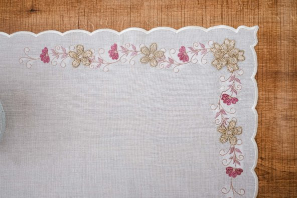 Finezza Linda Nakışlı Keten Efekt Kumaş Kreme Pembe Runner 45x150 cm-1402 - Resim 4