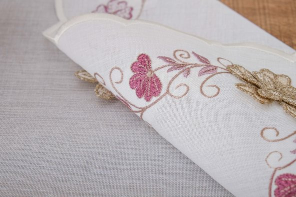 Finezza Linda Nakışlı Keten Efekt Kumaş Kreme Pembe Runner 45x150 cm-1402 - Resim 5