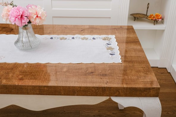 Finezza Linda Nakışlı Keten Efekt Kumaş Kreme Mavi Runner 45x150 cm-1403 - 3