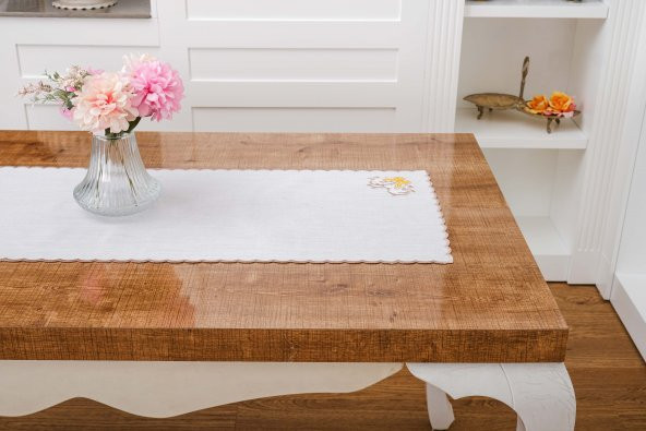 Finezza Dolce Nakışlı Keten Efekt Kumaş Kreme Sarı Runner 45x150 cm - 1404 - 3
