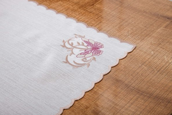 Finezza Dolce Nakışlı Keten Efekt Kumaş Kreme Pembe Runner 45x150 cm - 1405 - 4
