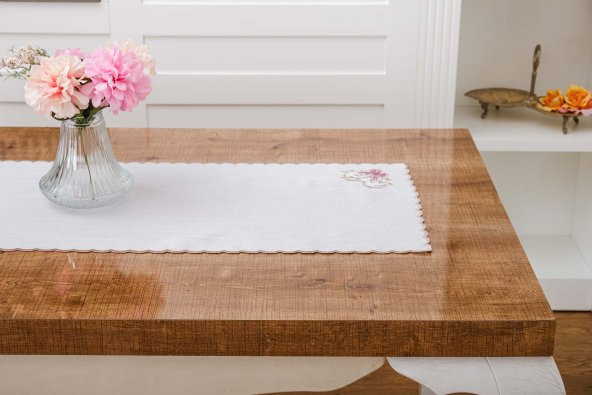 Finezza Dolce Nakışlı Keten Efekt Kumaş Kreme Pembe Runner 45x150 cm - 1405 - 3