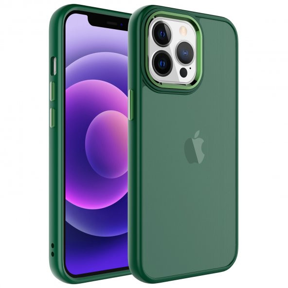 KNY Apple İphone 13 Pro Max Kılıf Metal Kamera Koruma Çerçeveli Buzlu May Silikon Yeşil