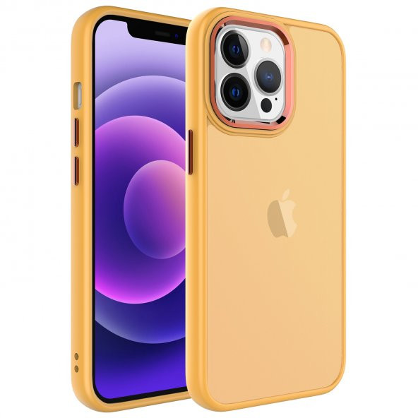 KNY Apple İphone 14 Pro Kılıf Metal Kamera Koruma Çerçeveli Buzlu May Silikon Turuncu