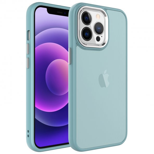 KNY Apple İphone 14 Pro Kılıf Metal Kamera Koruma Çerçeveli Buzlu May Silikon Turkuaz