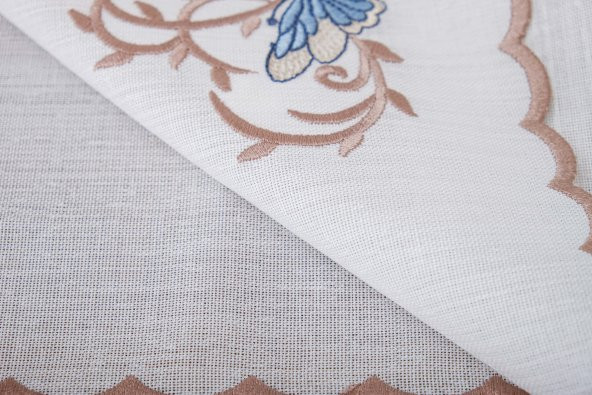 Finezza Dolce Nakışlı Keten Efekt Kumaş Kreme Mavi Runner 45x150 cm - 1406 - 6