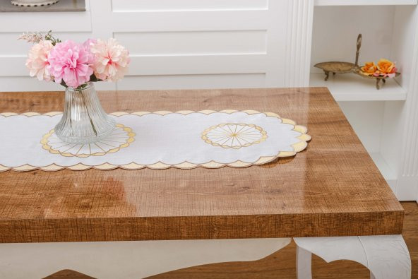 Finezza Mila Nakışlı Keten Efekt Kumaş Kreme Sarı Runner 45x150 cm - 1407 - 3