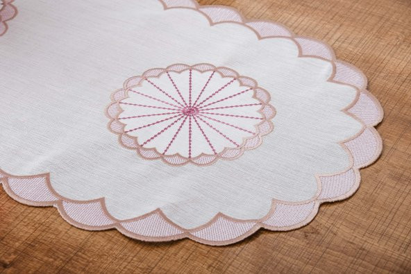 Finezza Mila Nakışlı Keten Efekt Kumaş Kreme Pembe Runner 45x150 cm - 1408 - 5