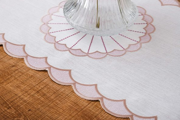 Finezza Mila Nakışlı Keten Efekt Kumaş Kreme Pembe Runner 45x150 cm - 1408 - 4