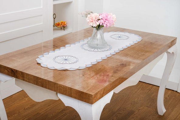 Finezza Mila Nakışlı Keten Efekt Kumaş Kreme Mavi Runner 45x150 cm - 1409 - Resim 2