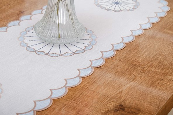 Finezza Mila Nakışlı Keten Efekt Kumaş Kreme Mavi Runner 45x150 cm - 1409 - Resim 3