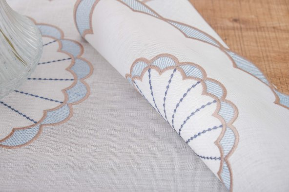 Finezza Mila Nakışlı Keten Efekt Kumaş Kreme Mavi Runner 45x150 cm - 1409 - Resim 5