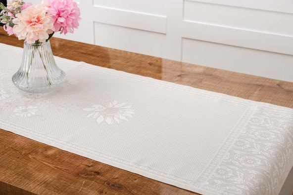 Finezza İris Jakar Polyester Kumaş Bej Runner 45x150 cm - 1410 - Resim 3