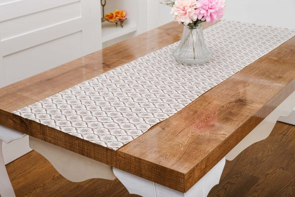 Finezza Melisa Damask Baskılı Duck Kumaş Kreme Kahve Runner 40x140 cm  - 1419 - 2
