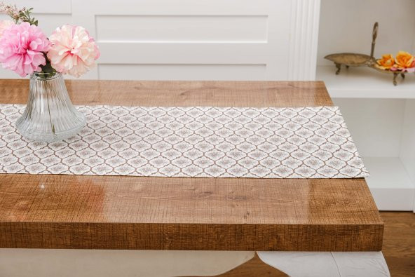 Finezza Melisa Damask Baskılı Duck Kumaş Kreme Kahve Runner 40x140 cm  - 1419 - 4