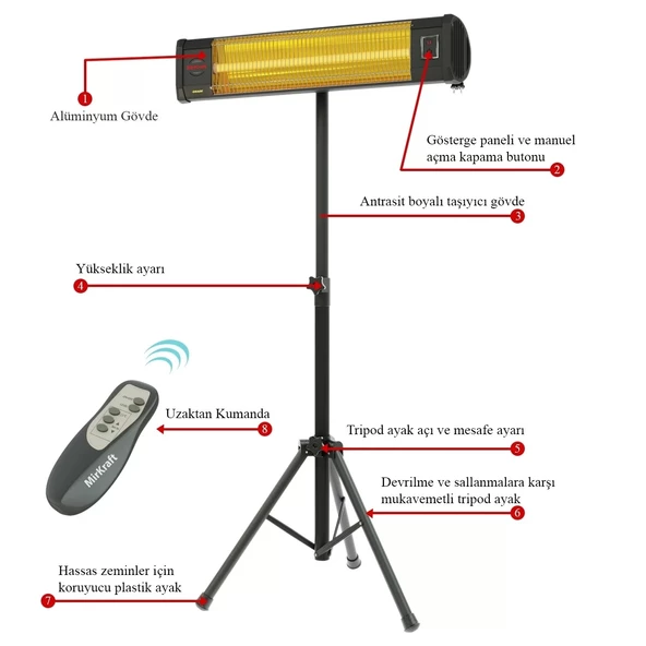 MirKraft Grade Karbon Elektrikli Isıtıcı,Tripod Ayaklı,Uzaktan Kumandalı 2500W - 2