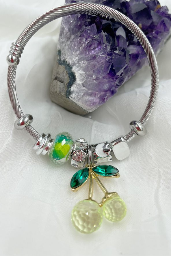 Sarı Taşlı Kiraz Charm Çelik Pandora Model Bileklik - 2