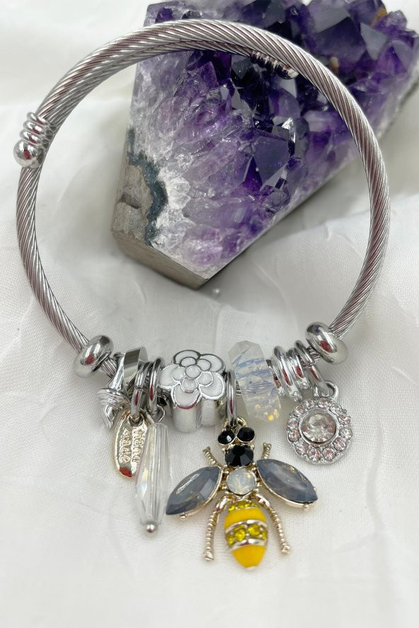 Siyah-Beyaz Taşlı Arı Charm Çelik Pandora Model Bileklik - 2