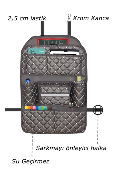 Bod Cunda Oto Koltuk Arkası Koruyucu Eşya Düzenleyici Araç içi Organizer Siyah-Beyaz - 4