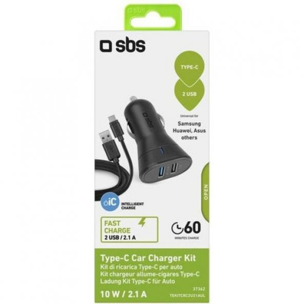 Sbs Araç Şarj Cihazı 12/24V 2100 mAh 2 Usb Çıkışı Type C Kablo Siyah TEKITCRC2U21AUL - 2