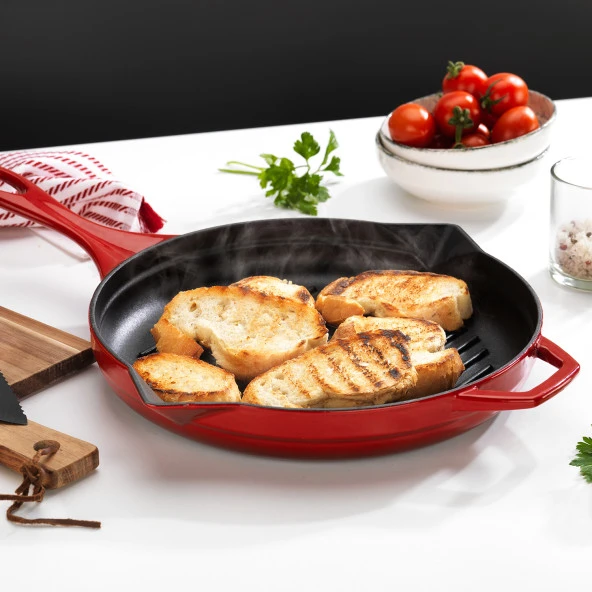 Schafer Guss Chef Döküm Yuvarlak Grill Tava 28 Cm 1 Parça-Kırmızı - 2