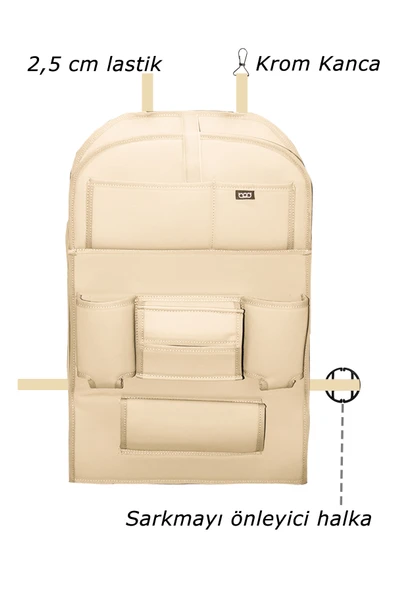 Bod Deri Masalı Oto Koltuk Arkası Koruyucu Eşya Düzenleyici Araç içi Organizer Bej - 5