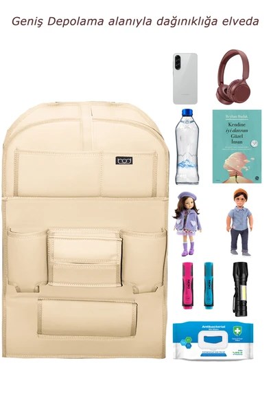 Bod Deri Masalı Oto Koltuk Arkası Koruyucu Eşya Düzenleyici Araç içi Organizer Bej - 4