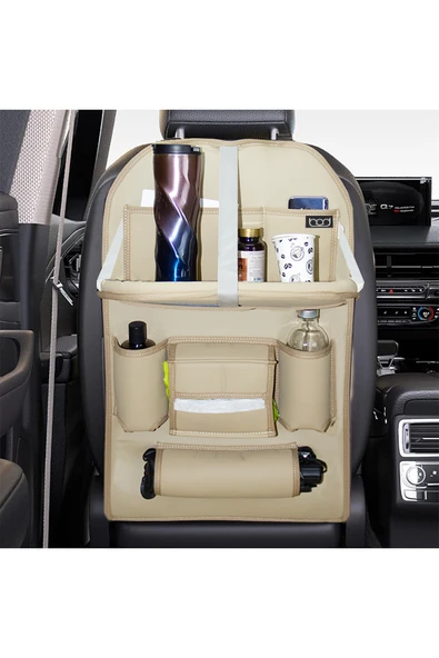Bod Deri Masalı Oto Koltuk Arkası Koruyucu Eşya Düzenleyici Araç içi Organizer Bej - 2