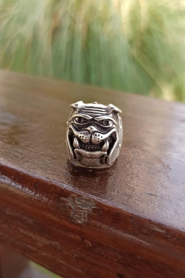 Bulldog Şekilli Erkek Yüzük Gümüş Kaplama Ayarlanabilir El Yapımı Erkek Yüzük - 5