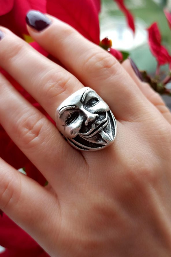 V For Vendetta Şekilli Erkek Yüzük Gümüş Kaplama Ayarlanabilir El Yapımı Erkek Yüzük - 2