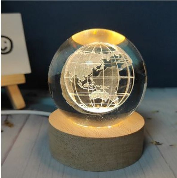 Dünya Tasarımlı Işıklı Cam Küre (Ahşap zemin - USBli)
